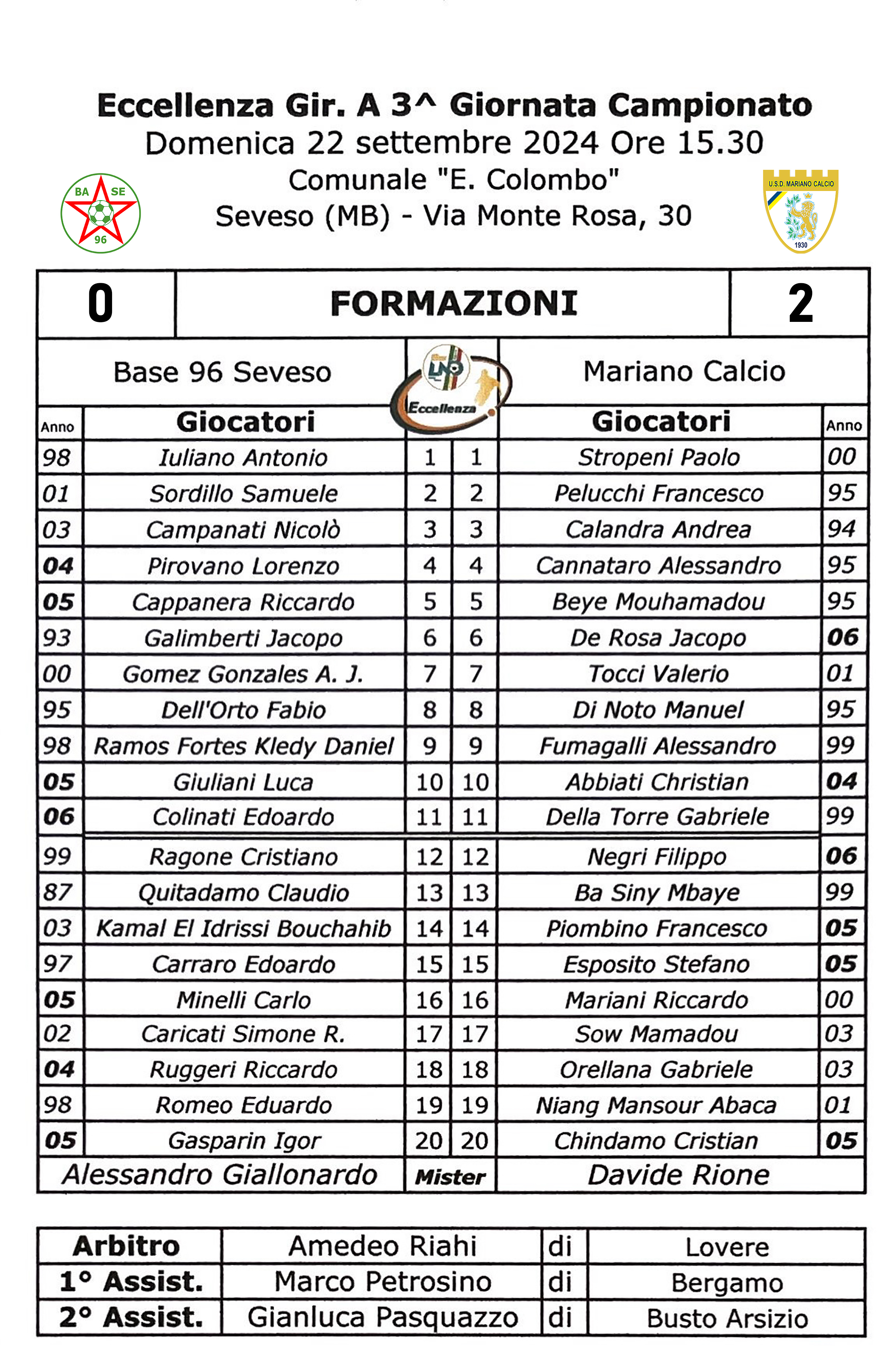 FORMAZIONE DEL 22 09 24 BASE MARIANO